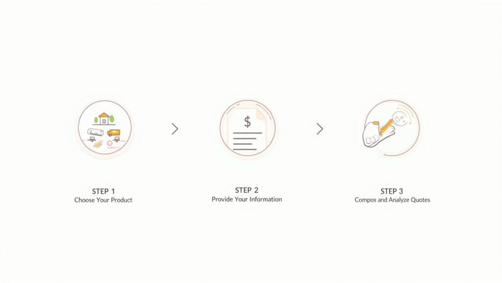 A simple 3-step process showing how to get insurance quotes on Quotela.net by choosing a product, providing info, and comparing offers.