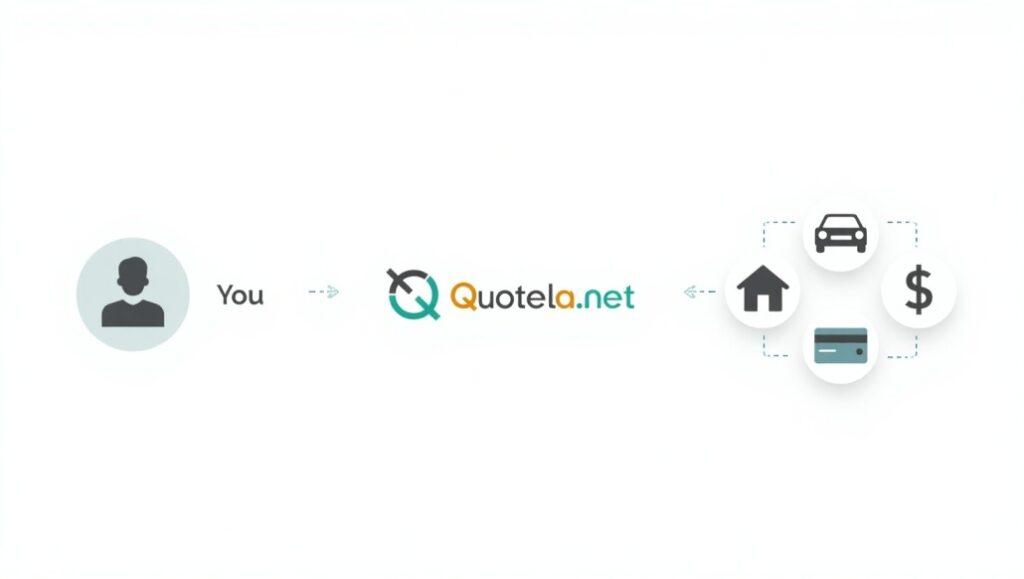 An infographic explaining how the Quotela.net financial platform connects users to insurance quotes and loan options.